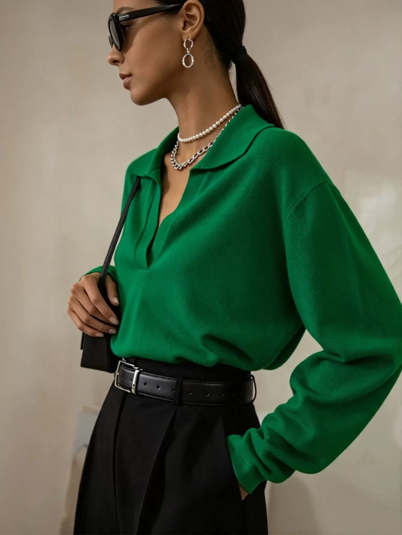 Soft Collared V Neck Knit Sweater