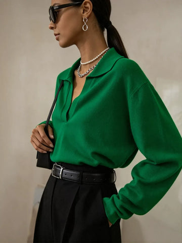 Soft Collared V Neck Knit Sweater
