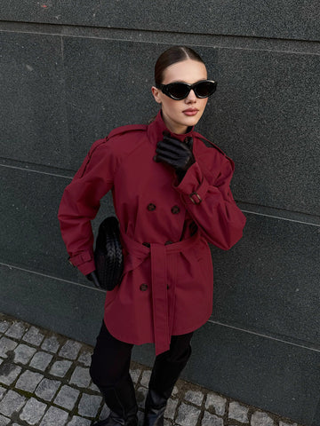Cropped Double Breasted Belted Trench Coat