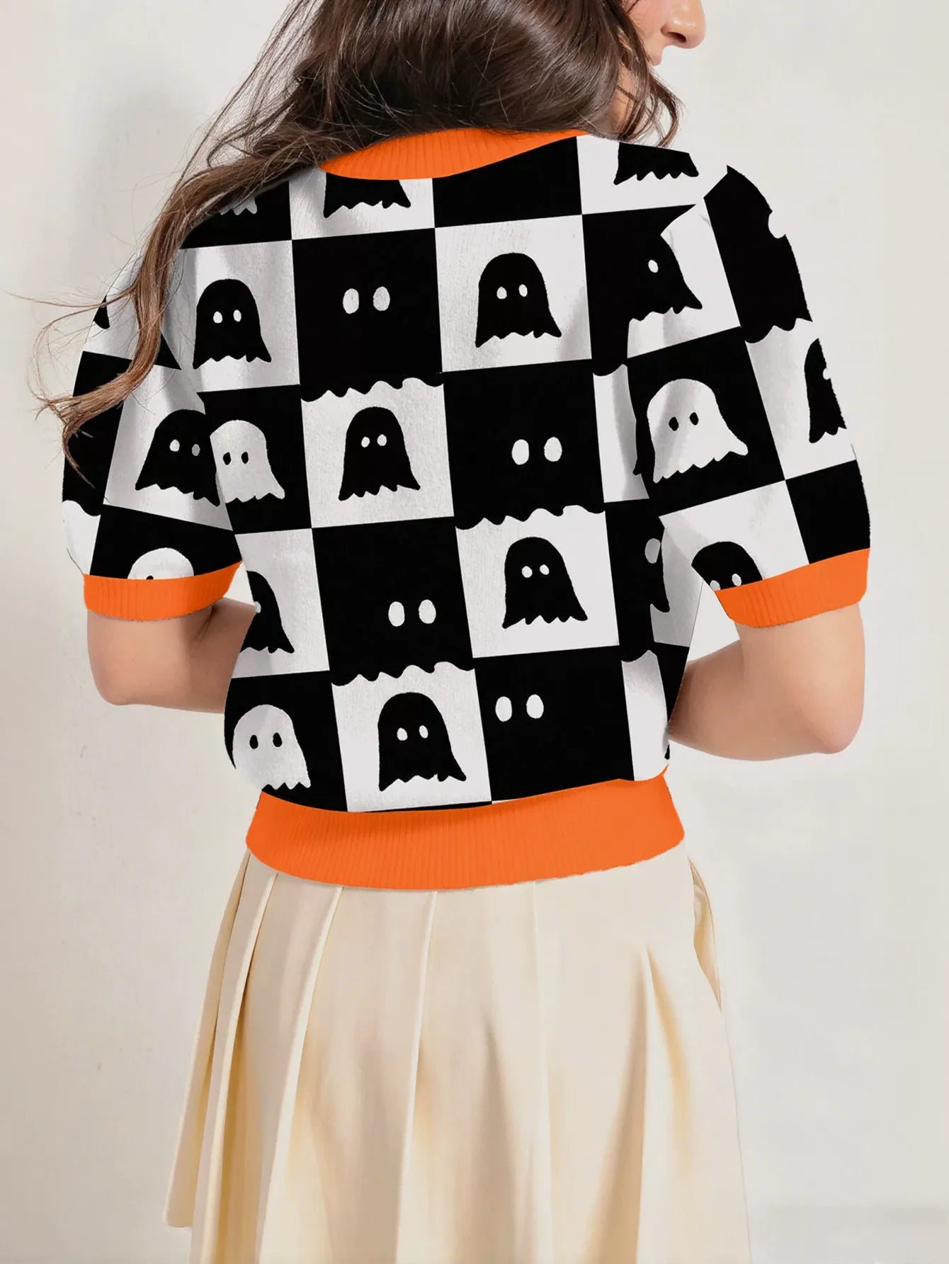 Ghost Print Checkerboard Short Sleeve Sweater