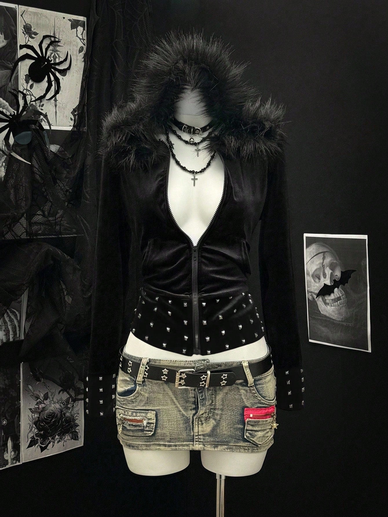 Studded Faux Fur Trim Hoodie
