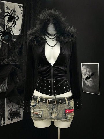 Studded Faux Fur Trim Hoodie