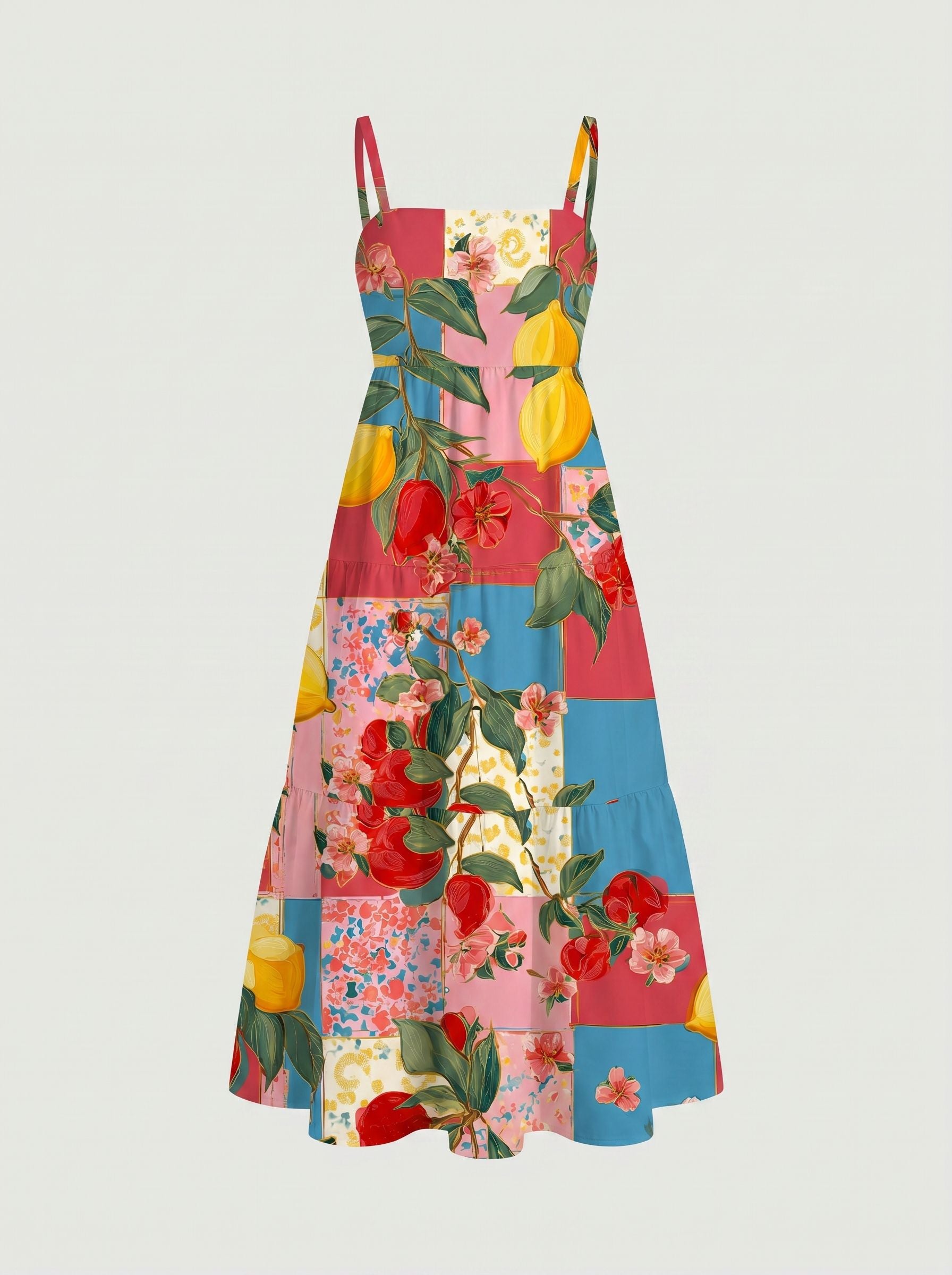 FLORA Floral Print Tiered Strap Midi Dress