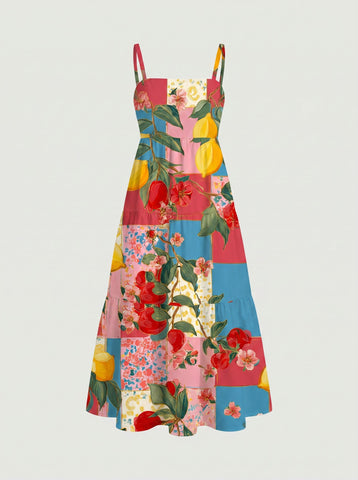 FLORA Floral Print Tiered Strap Midi Dress