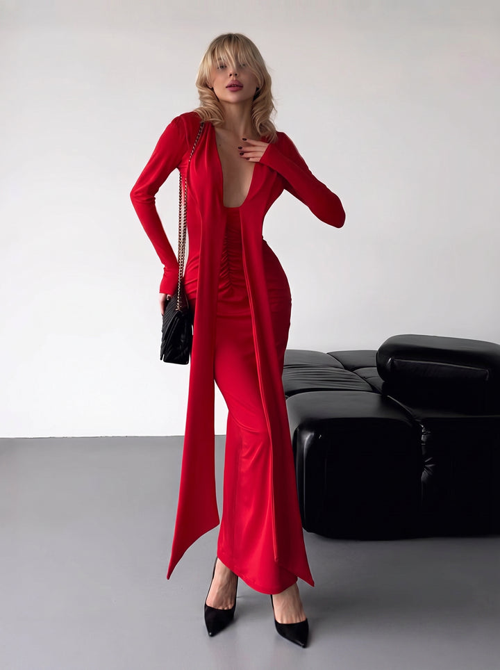 Plunging Neckline Ruched Maxi Dress