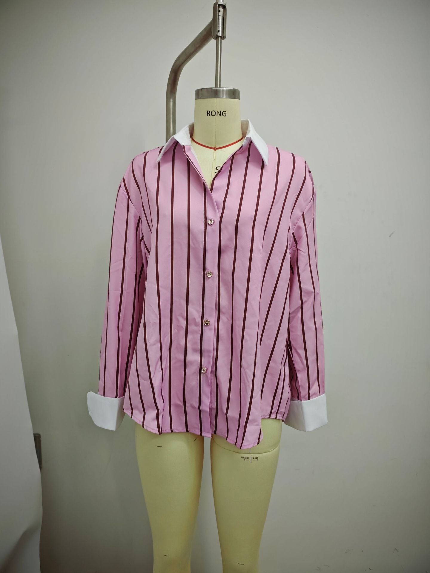 Oversized Striped Contrast Collar Button Down Shirt