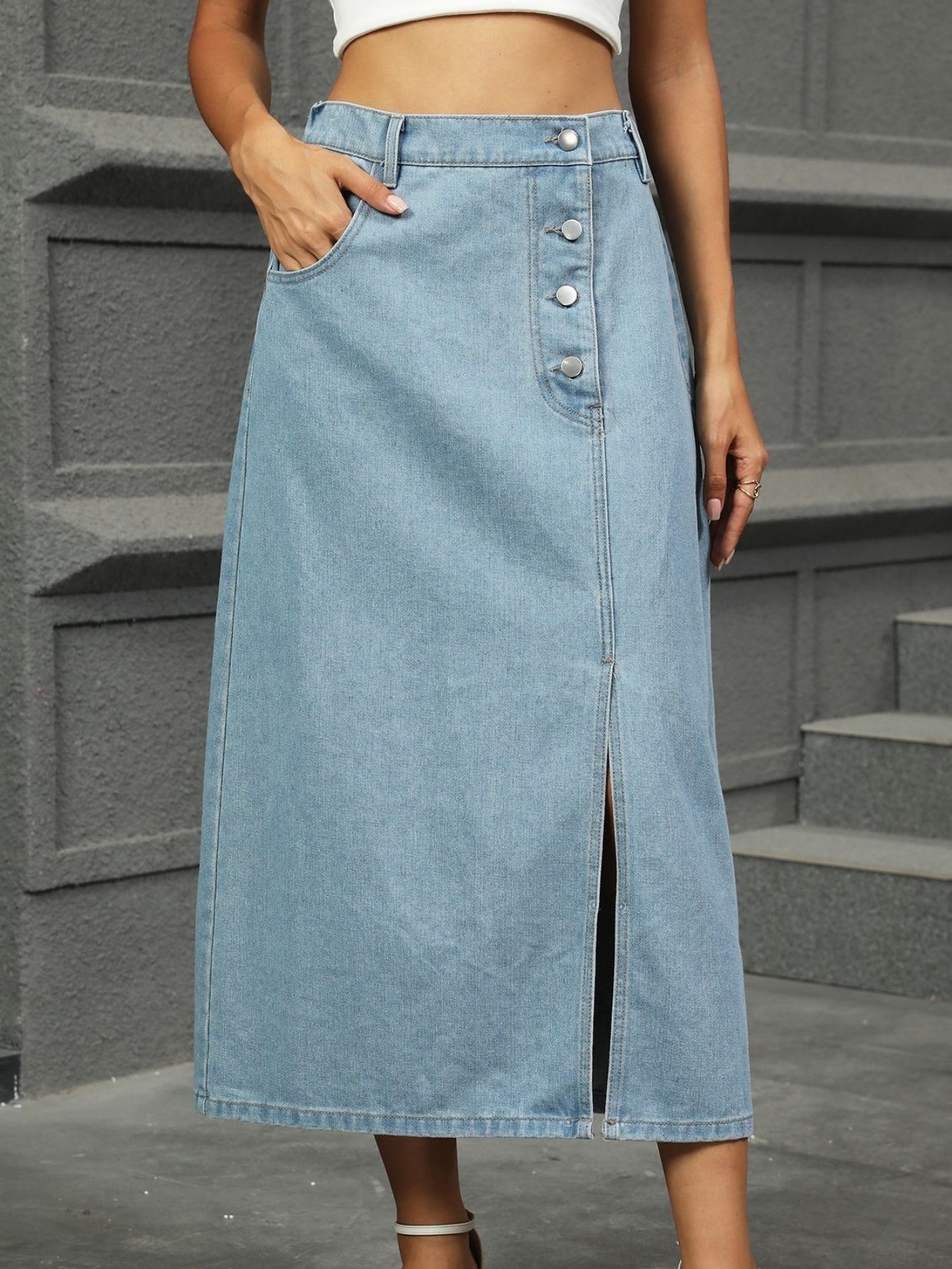 High Waisted Button Front Denim Midi Skirt