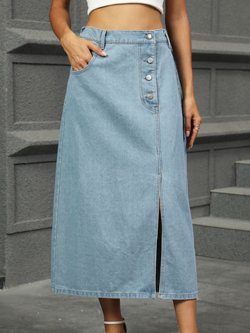 High Waisted Button Front Denim Midi Skirt