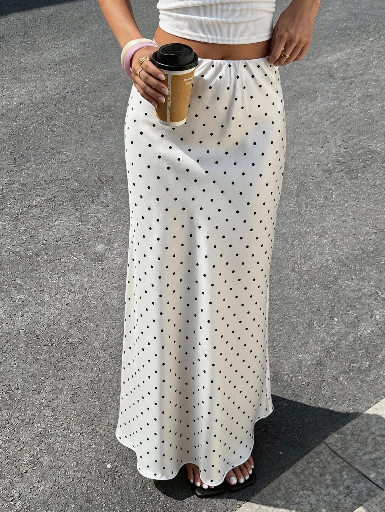 Polka Dot Satin Midi Skirt