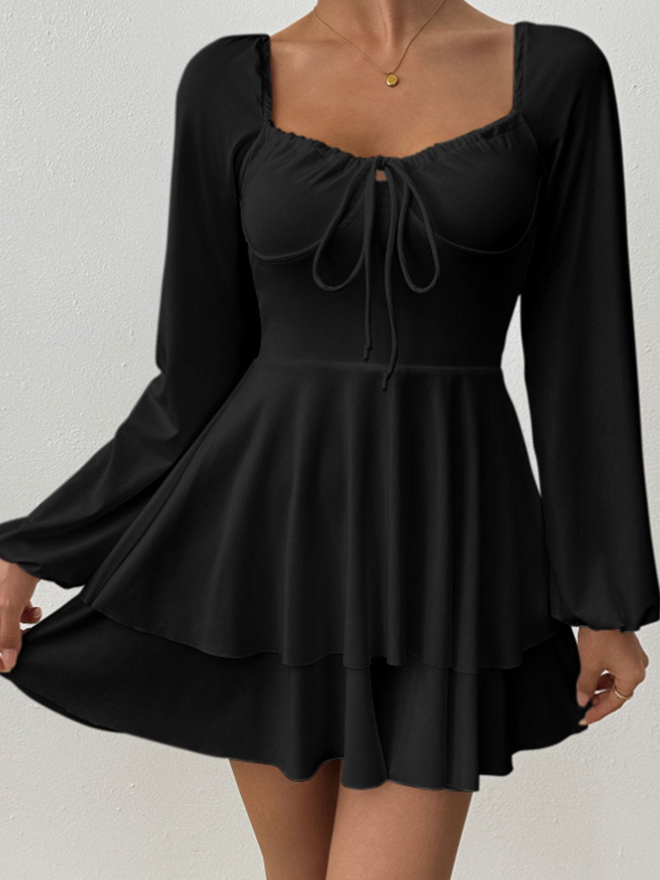 Square Neck Tie-Front Sweet Mini Dress