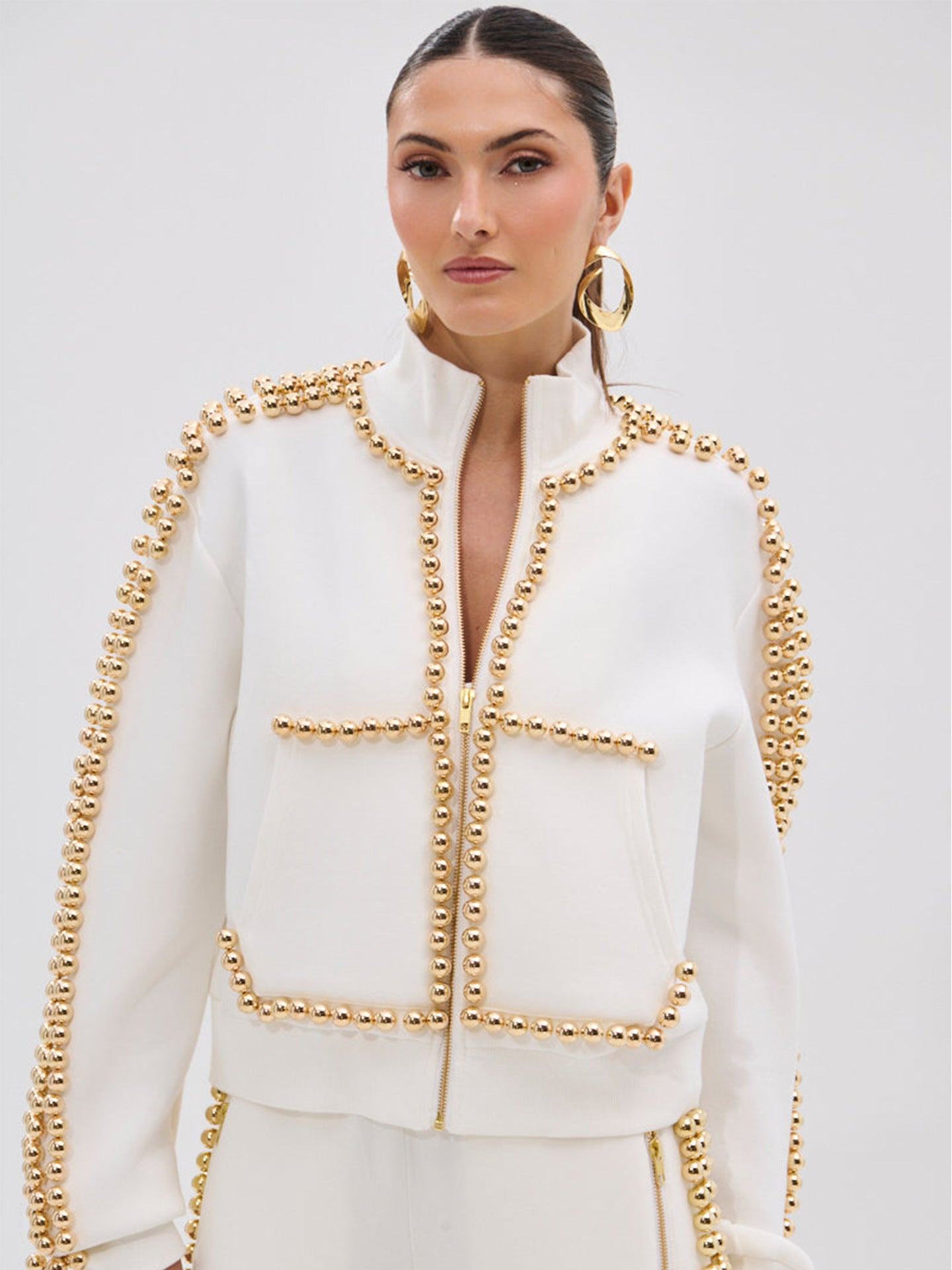 Embellished Studded Zip Up Pant Set