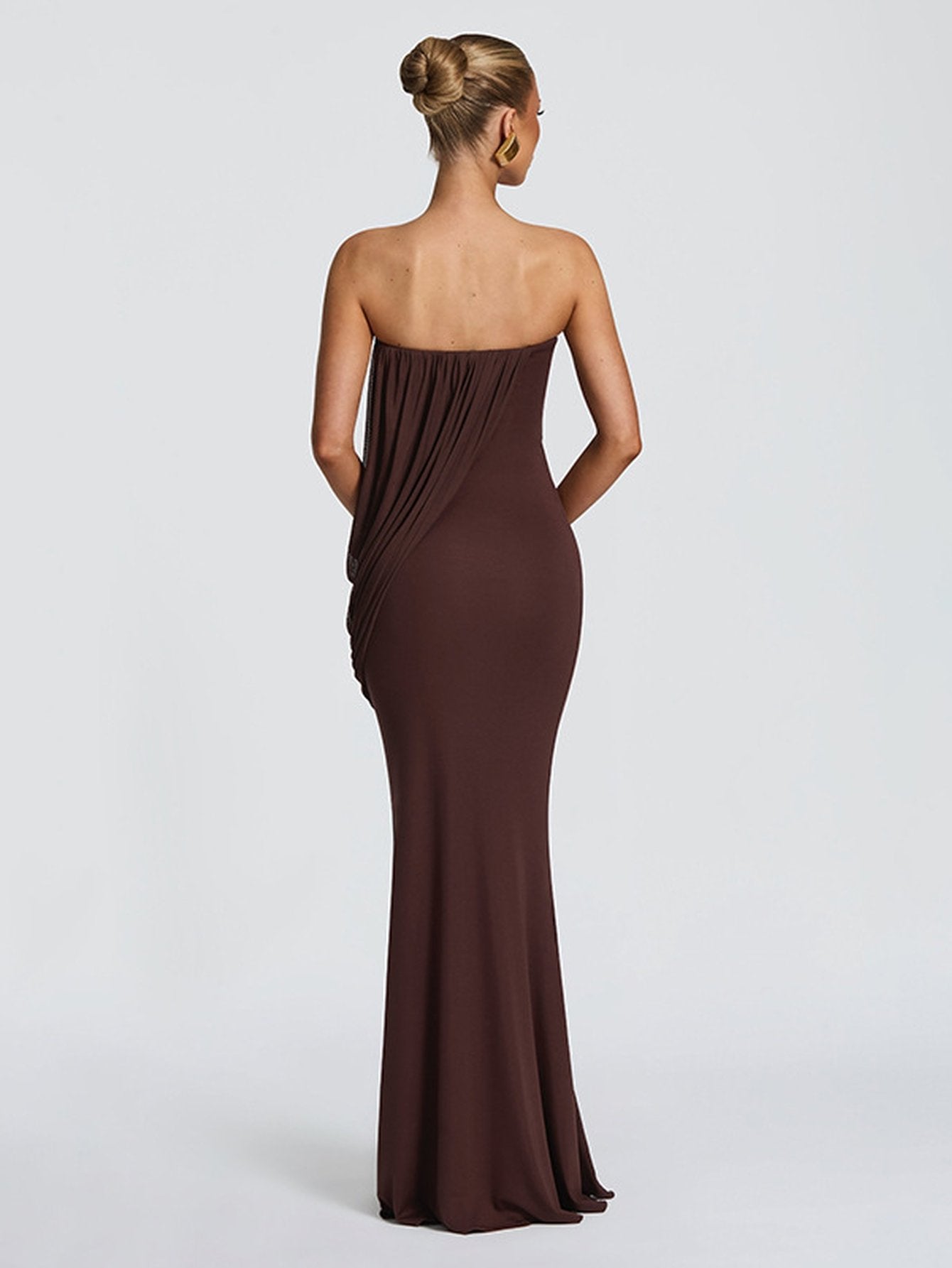 Draped Strapless Brown Maxi Dress