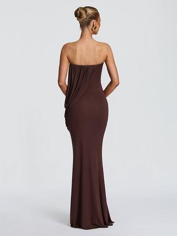 Draped Strapless Brown Maxi Dress