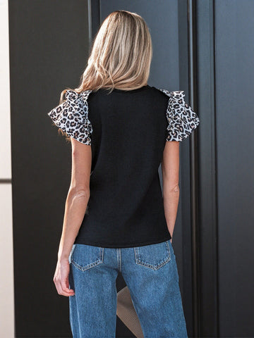 Leopard Trim Ribbed Blouse