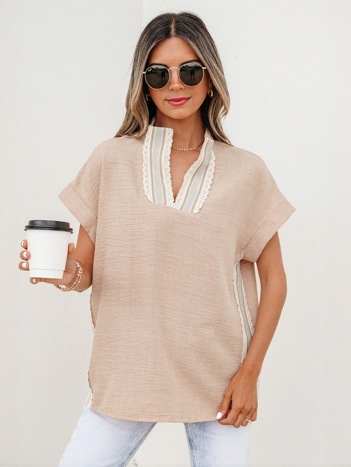 Boho Lace Trim Chiffon Blouse