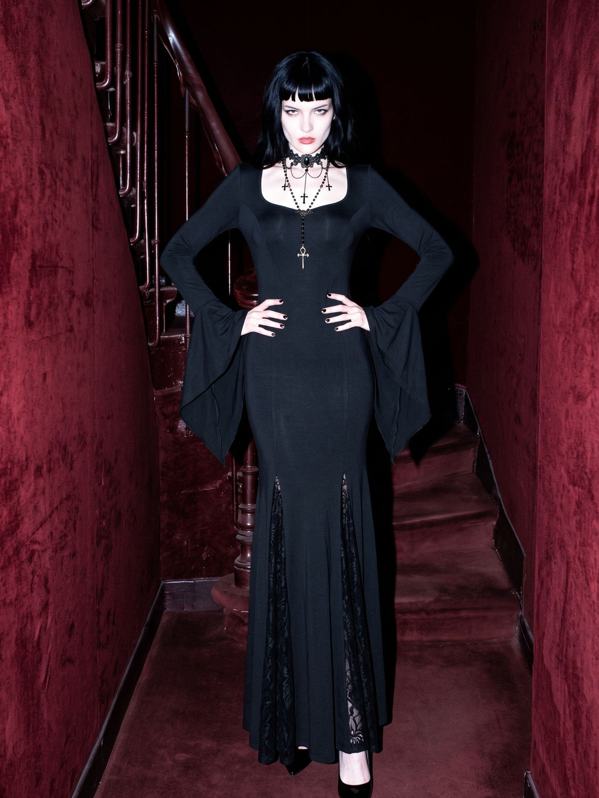 Gothic Flare Sleeve Lace Maxi Dress