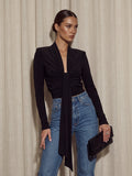 Plunging Neck Tie Front Long Sleeve Top