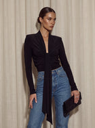 Plunging Neck Tie Front Long Sleeve Top
