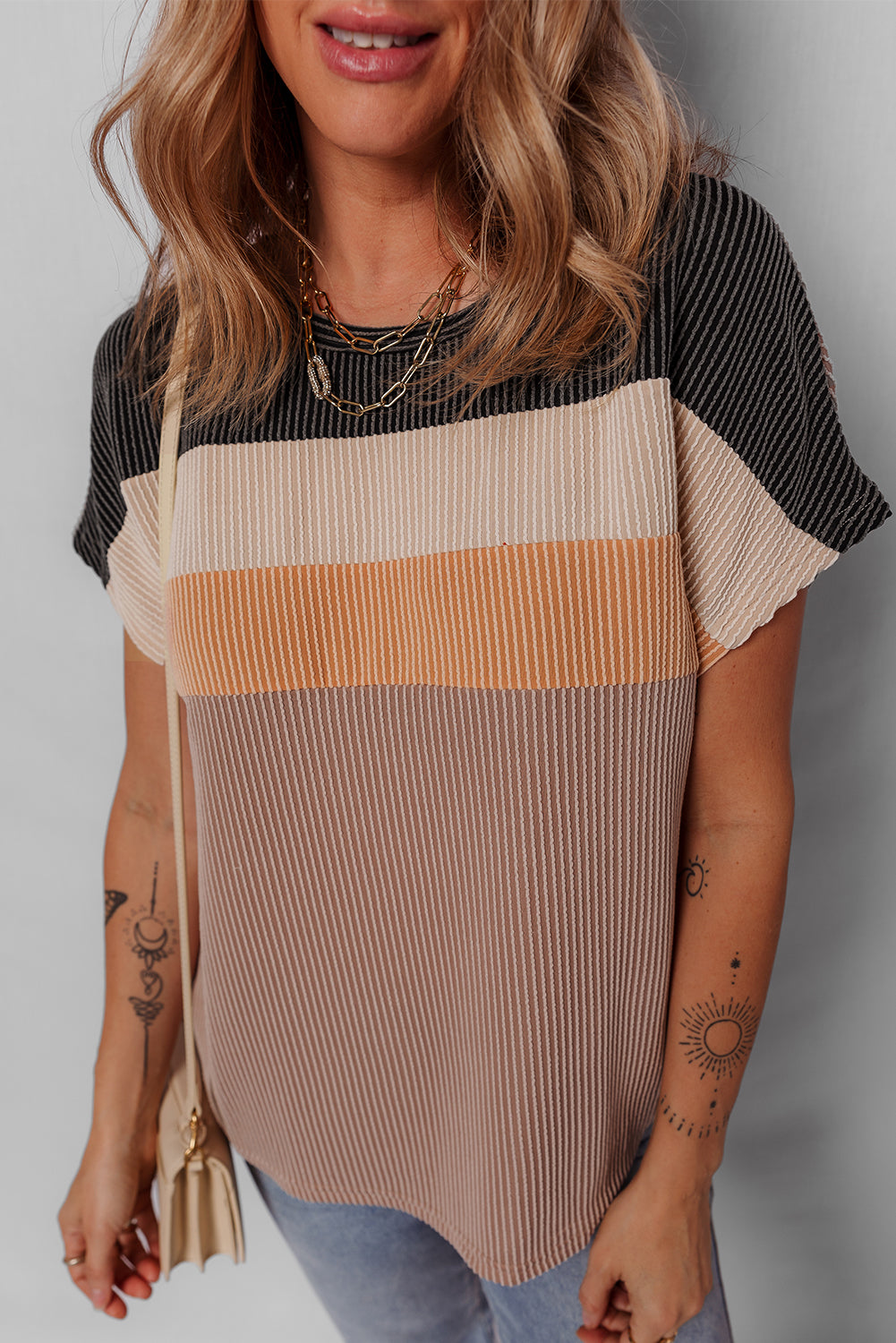 Colorblock Ribbed Knit Casual T-Shirt