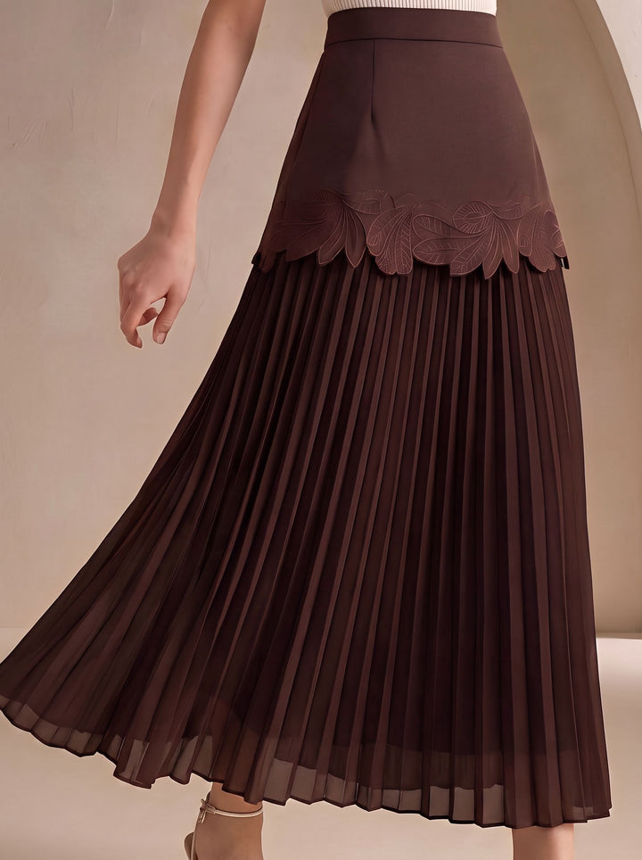 Embroidered High Waisted Pleated Midi Skirt