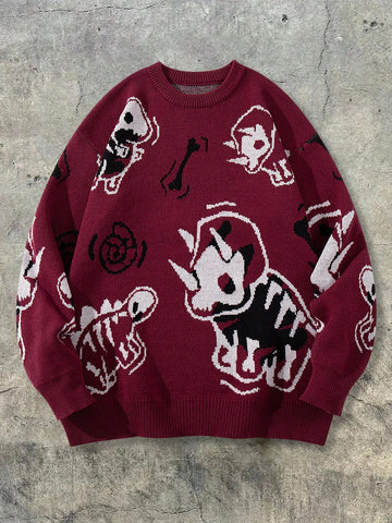 Oversized Graphic Dinosaur Print Knit Sweater