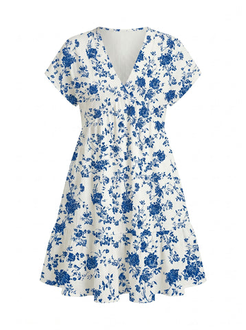 EVA Floral Print V Neck Tiered Babydoll Mini Dress