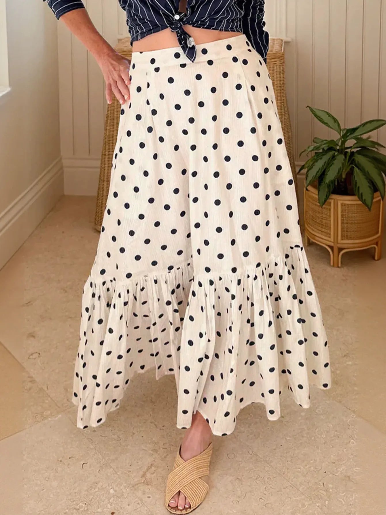 High Waisted Polka Dot Midi Skirt