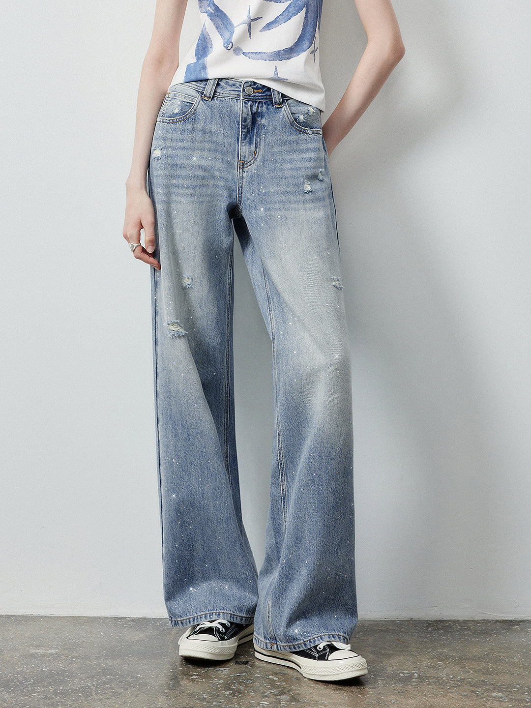 Sparkly Distressed Wide Leg Jeans