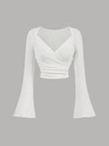 Ribbed Wrap Bell Sleeve Crop Top