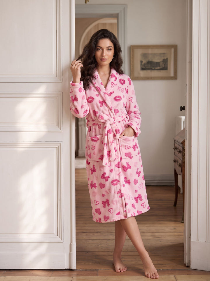 Cozy Plush Heart Print Bathrobe