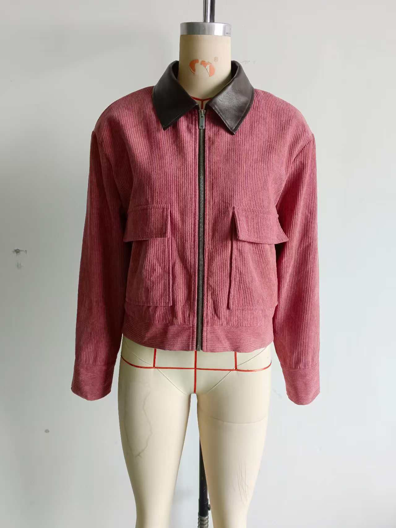 Contrast Collar Corduroy Zip Jacket
