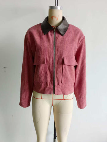 Contrast Collar Corduroy Zip Jacket