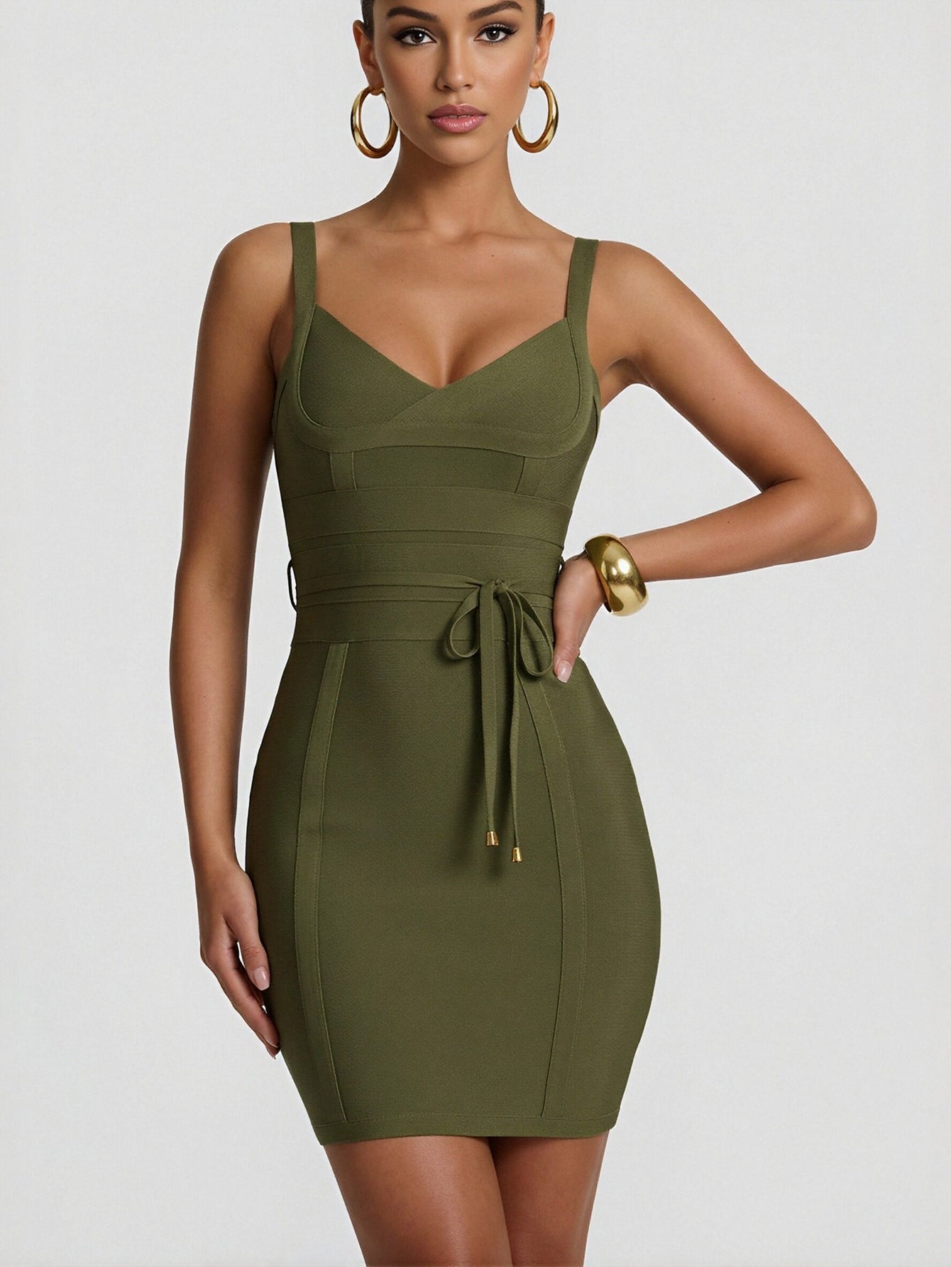 Cross-Front Tie-Waist Slim-Fit Elegant Mini Dress-Dusty Rose