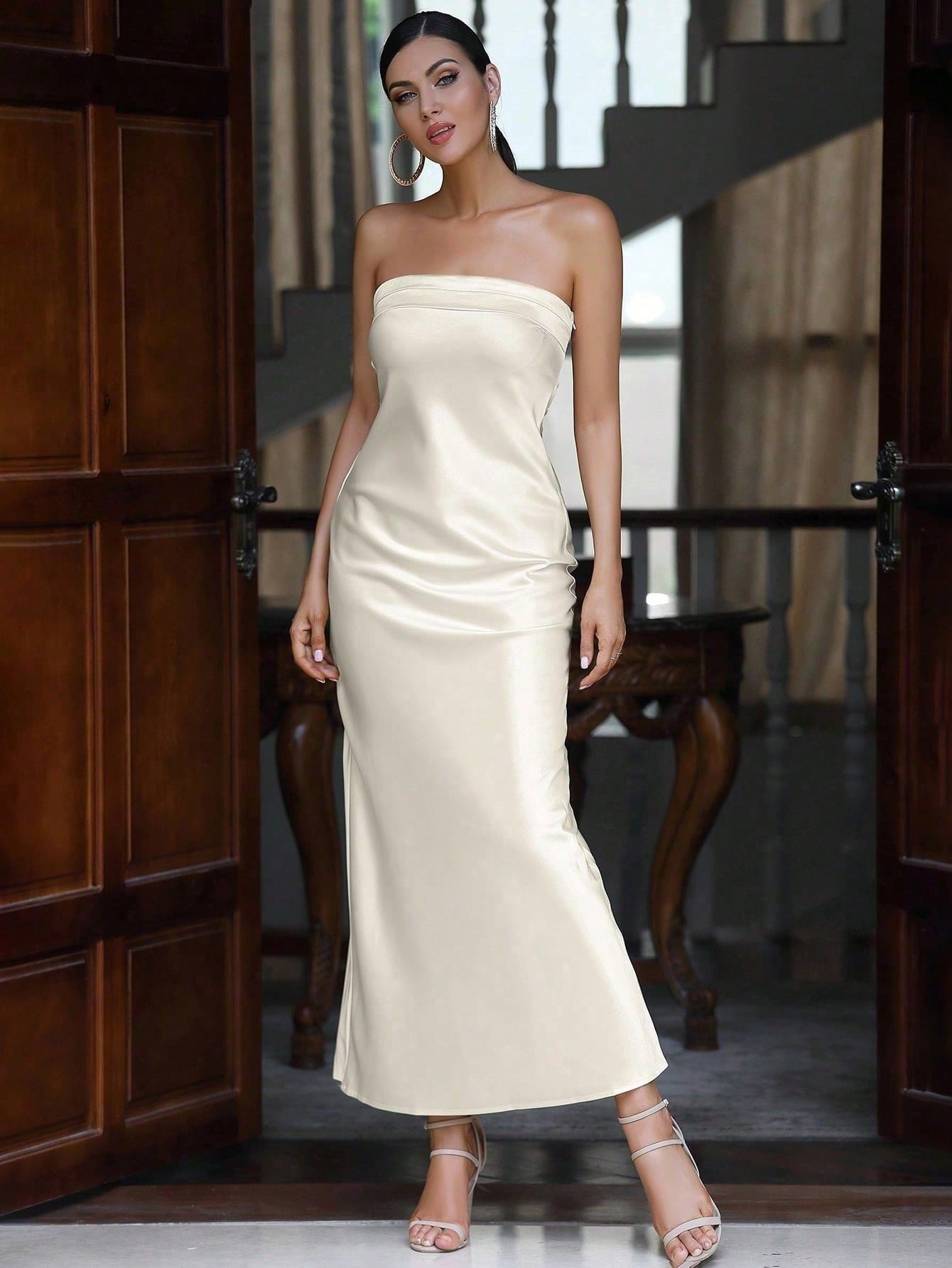 Elegant Strapless Satin Midi Dress