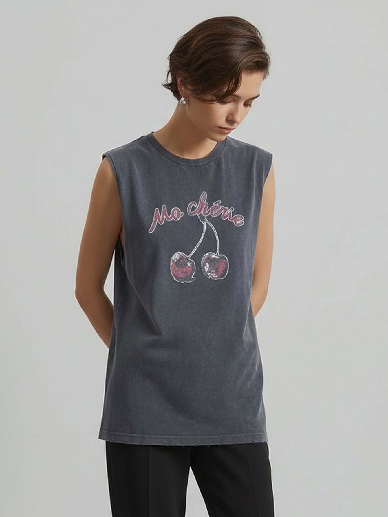 MO&Co. Cherry Sleeveless Cotton T-shirt
-Grey