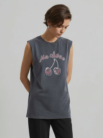 MO&Co. Cherry Sleeveless Cotton T-shirt
-Grey