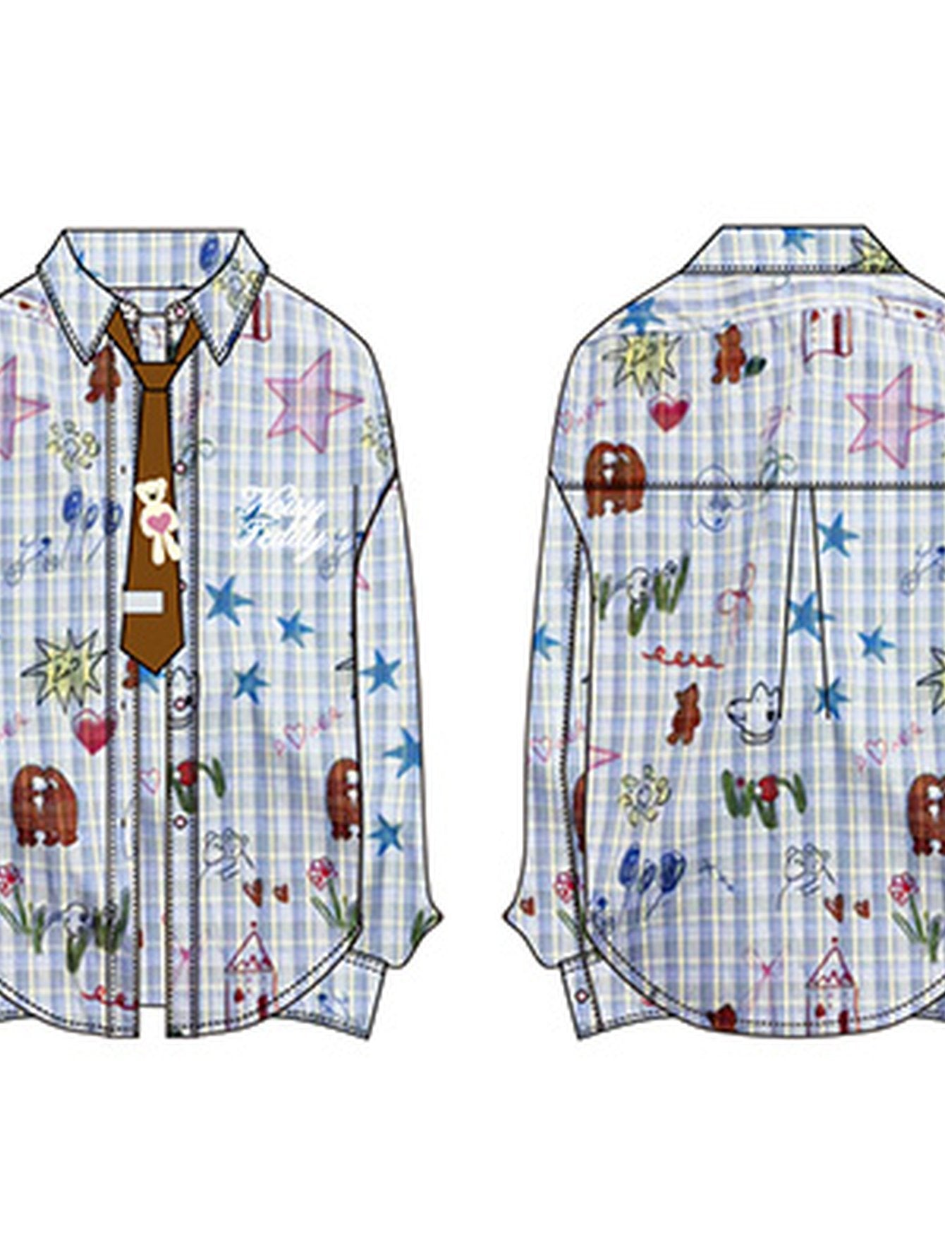 Oversized Plaid Doodle Print Button Up Shirt