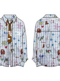 Oversized Plaid Doodle Print Button Up Shirt