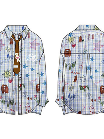 Oversized Plaid Doodle Print Button Up Shirt