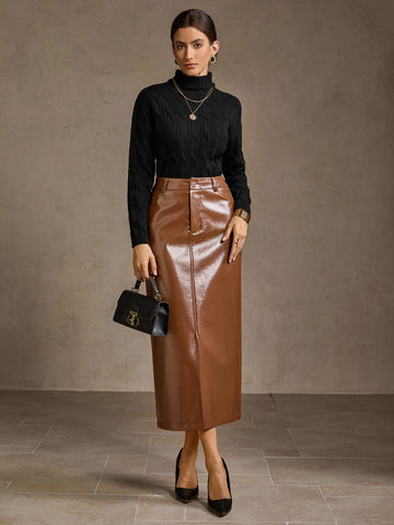 High Waisted Faux Leather Midi Skirt
