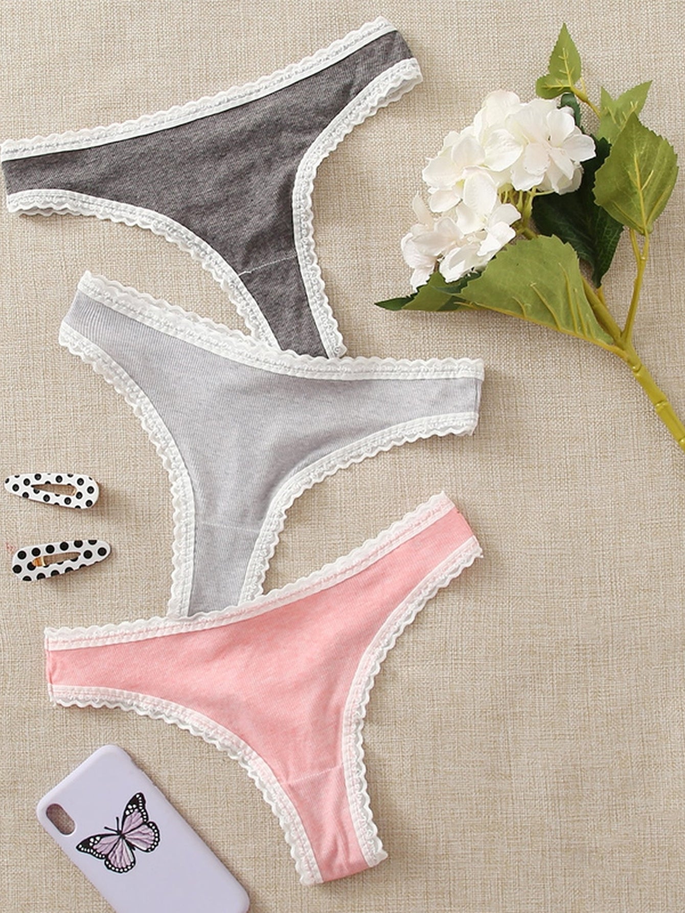 Soft Ribbed Lace Trim Thongs