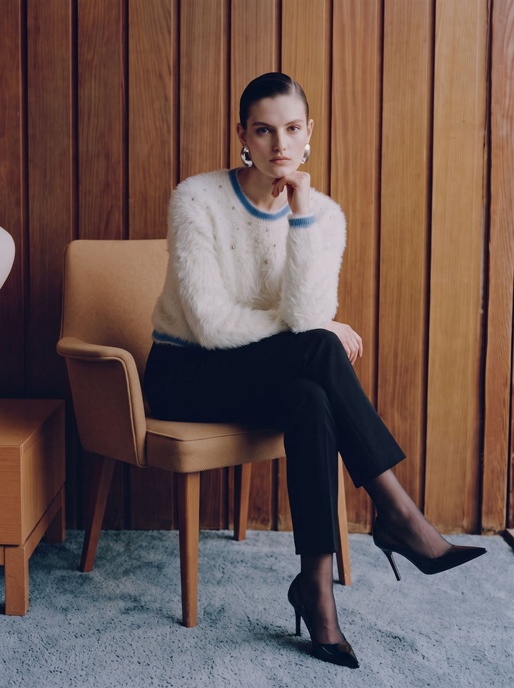 Fuzzy Rhinestone Embellished Crewneck Sweater