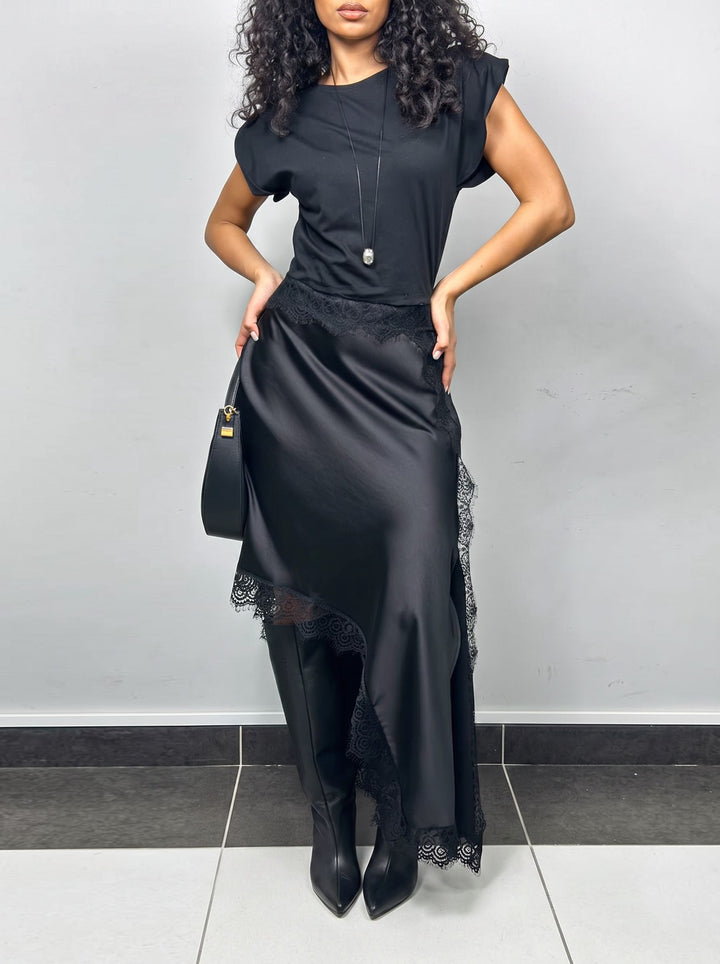 Elegant Lace Trim Satin Midi Skirt