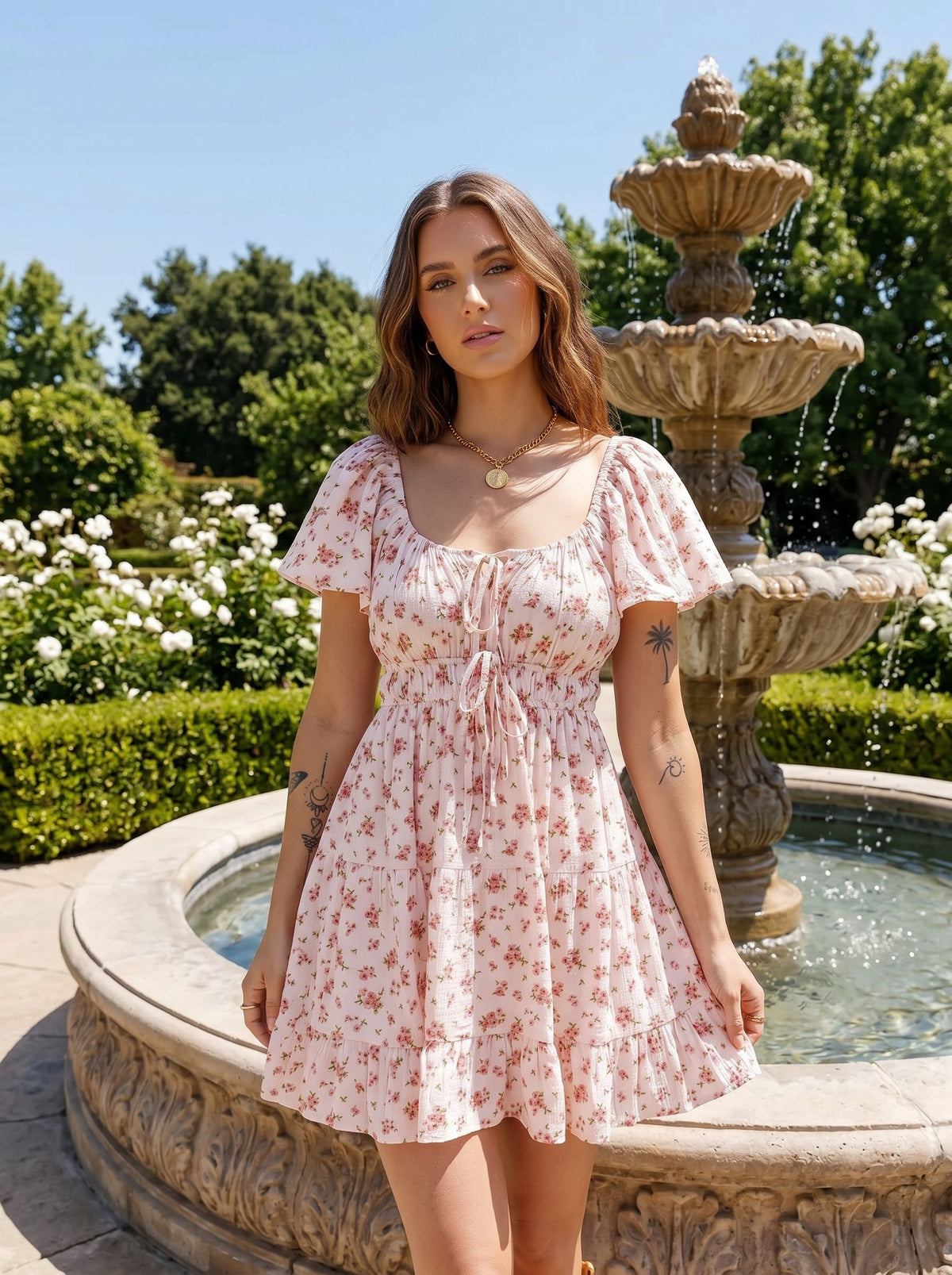 Floral Tie Front Tiered Mini Dress
