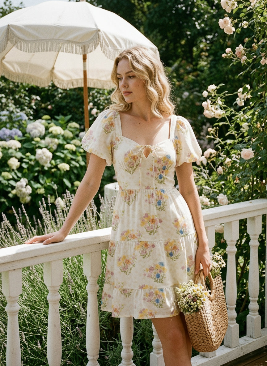 AYLA Floral Print Puff Sleeve Tiered Mini Dress