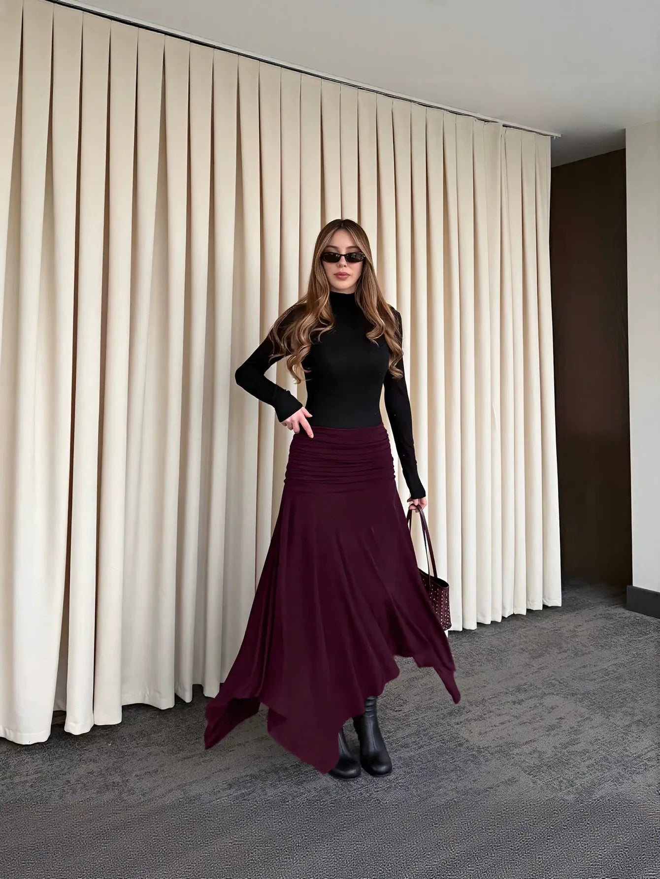 Ruched High Waist Midi Skirt