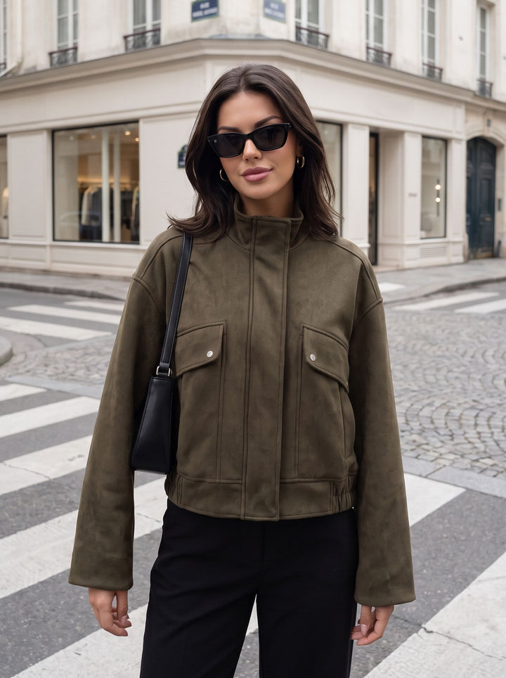 Cropped Suede Utility Bomber Jacket