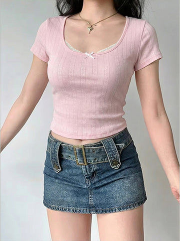 Ribbed Bow Detail Crop T Shirt