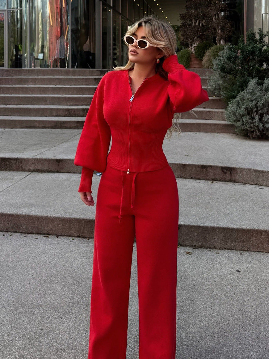 Zip Up Ribbed Knit Set