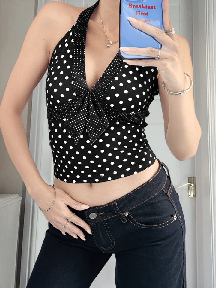 Polka Dot Tie Front Halter Tank